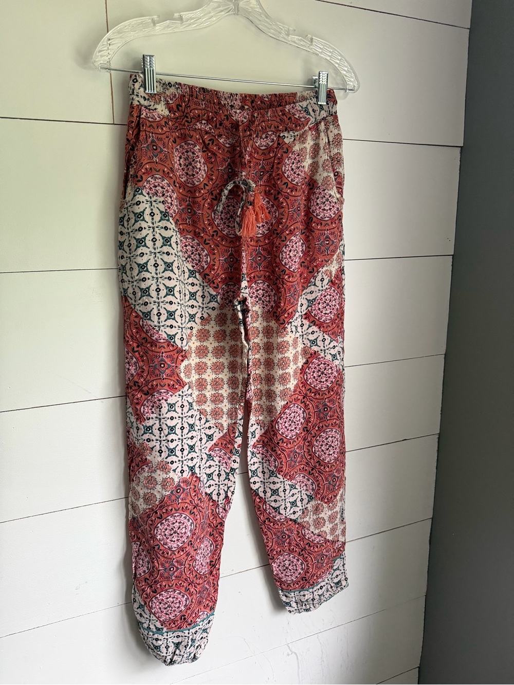 Angie Boho Printed Drawstring Pants in Terracotta & Cream